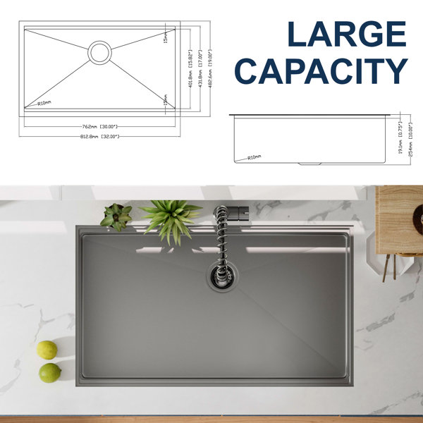 ALWEN 32'' L Undermount Single Bowl Stainless Steel Kitchen